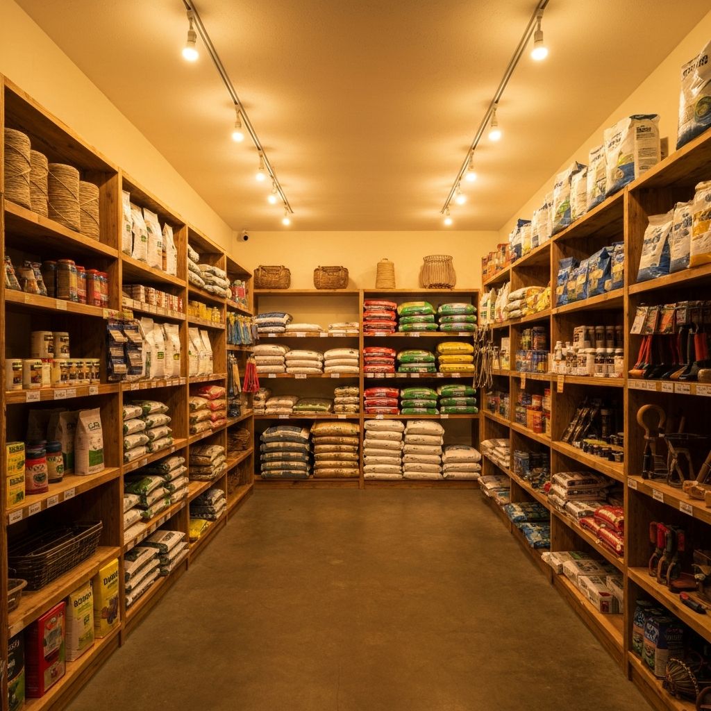 Interior of Carney's Feed Store showing neatly stacked bags of animal feed and farm supplies